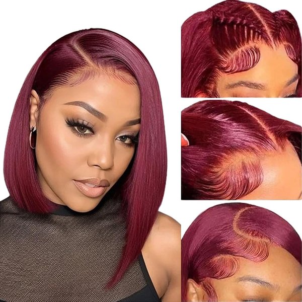 OLFORY 99j Burgundy Bob Wig Human HaIr Wigs 13x4 Lace Front Wigs for Black Women Straight Burgundy Human Hair Pre Plucked 180% Density Transpaent Lace Frontal Wig 99j Short Bob 10 inch