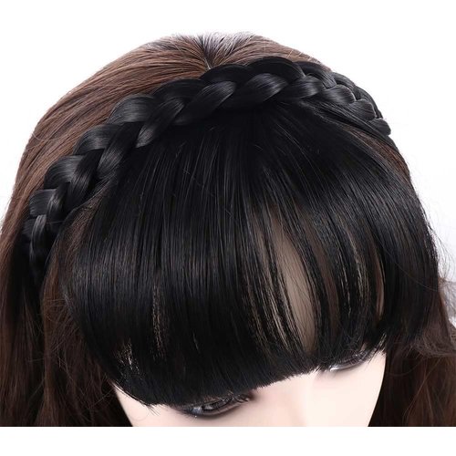 Jinshining Brown and Black Fake Bangs Hairband, Women Girls Fringe Bangs with Double Row Braids Headband Hair Extensions Hair Styling Tools,Hair Accessories,Women's Fashion Headbands