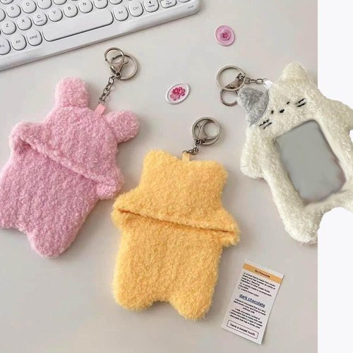 1Pc White Cartoon Plush Photocard Holder with Keychain Pendant Kawaii Cat Cute Card Sleeve Student Card and ID Cases Medium Size, Lightweight and Portable Women's Card Cases