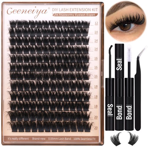 Geeneiya 200D Fluffy Lash Clusters Kit Thick Lash Extension Kit 10-20mm Wispy Cluster Eyelash Ext...