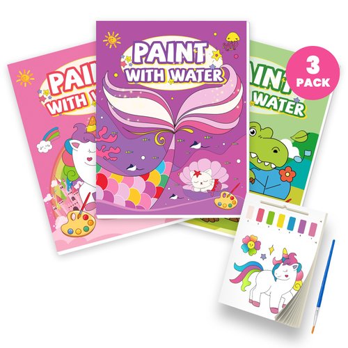 3PCS Paint With Water Books for Kids, Unicorn Mermaid & Dinosaur Watercolor Paint Book Set for Kids,Toddlers Water Color Coloring Painting Drawing Set,Mess Free Toys Gifts for Kids Age 3 4 5 6 7 8