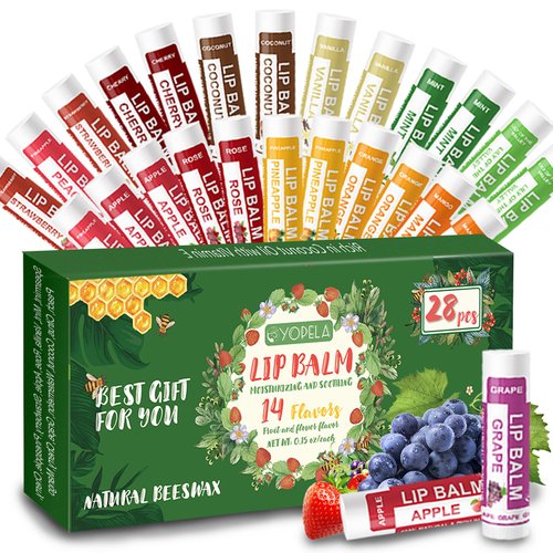 Yopela 28 Pack Natural Lip Balm Bulk with Vitamin E and Coconut Oil - Moisturizing, Soothing, and Repairing Dry and Chapped Lips - 14 Flavors - Non-GMO