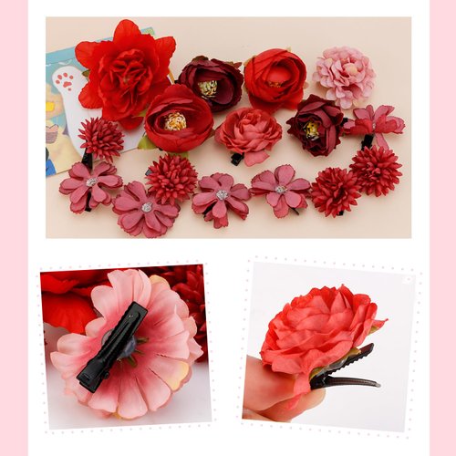 SuPoo 16 Pack Red Rose Flower Hair Clips Small Hawaiian Flower Claw Clip Mini Alligator Clips Cute Side Hair Barrettes for Women Girls Wedding Hair Accessories Brooch Boho Hair Styling Accessories