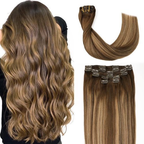 Sindra Clip in Hair Extensions Real Human Hair 18Inch Balayage Chocolate Brown Ombre Caramel Brown Hair Extensions Real Human Hair Clip ins Remy Straight For Woman 120G 6Pcs(clip#4/27/4 18inch)