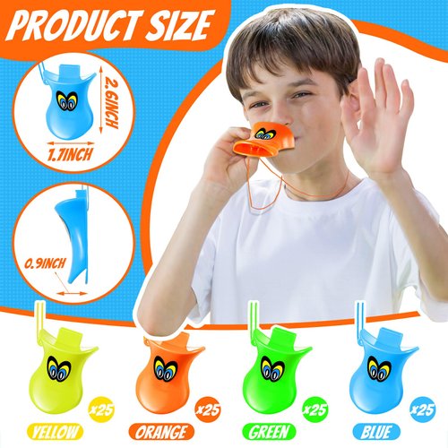 Deekin 100 Pcs Multicolor Party Whistles Plastic Duck Call Whistles with Lanyard Christmas Halloween Gifts Duck Whistle Bulk for Noise Maker Birthday Party Favors, Bright Assorted Colors