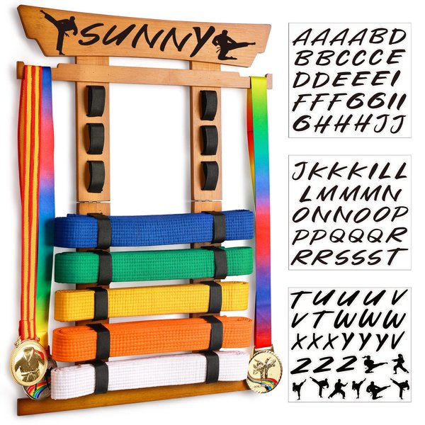 Tilhumt Karate Belt Display Rack Holder, Bamboo Taekwondo Belt Display with Stickers, Martial Arts Belt Display for 8 Belts with Medals Hanger, Ideal for BJJ Jiu Jitsu Gift (Walnut)