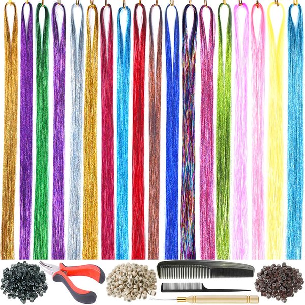 Hair Tinsel Kit 18 Colors 3600 Strands Tinsel Hair Extensions for Women Hair Extension Tinsel Kit Heat Resistant Glitter Fairy Hair Accessories for Christmas