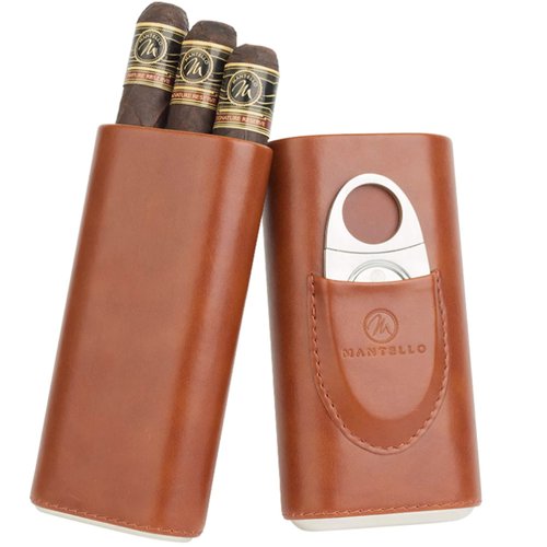 Mantello Cigar Case, Cedar Wood Lined Cigar Case Travel, Cigar Holder Case with Cigar Cutter- Cigar Case for Men, Brown Leather Cigar Case