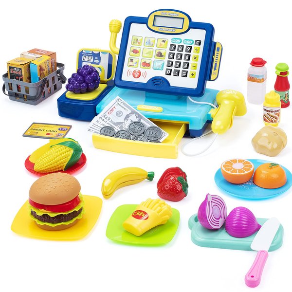 Cash Register for Kids, Pretend Play Cash Register with Scanner, Cuttable Food & Microphone Calculator Cash Register for Toddler, Gift Toy for 3 4 5 6 7 8 Boys & Girls, Blue