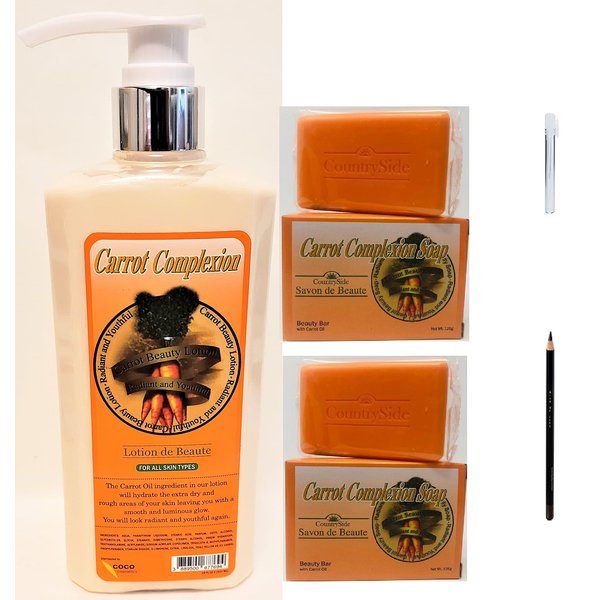 Carrot Complexion De Beaute Lotion 18fl oz and 2pcs Soap Plus a Free [Sample Vial Hair - Nail and Body Apricot & Coconut Oil + Liner101 LPS40 Eye Pencil]