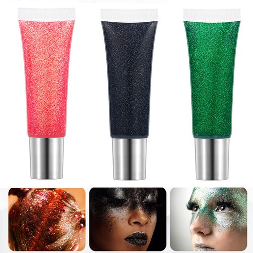 Body Glitter Gel Set Holographic Glitter Festival Makeup for Face Hair Rave Accessories Body Shimmer Glitter Liquid Lotion(red+Green+Black)