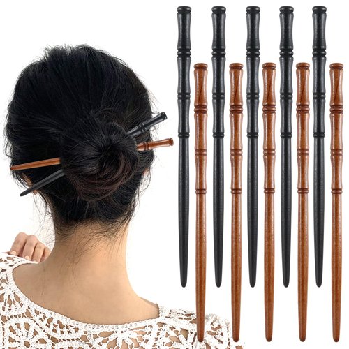 10 Pcs Retro Hair Chopsticks for Women Wooden Hairpin for Buns Bamboo Shape Hair Pins for Long Hair Hair Accessories for Women Girls Christmas Gift (Black, Brown)