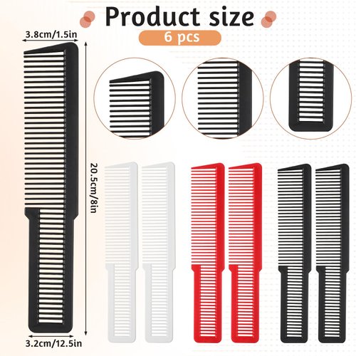 6 Pcs Hair Cutting Comb Fine Tooth Barber Comb Plastic Pocket Combs for Men Barber Combs Professional All Purpose Clipper Comb Set for Men Women Stylists Home Salon, 3 Colors (Black, White, Red)
