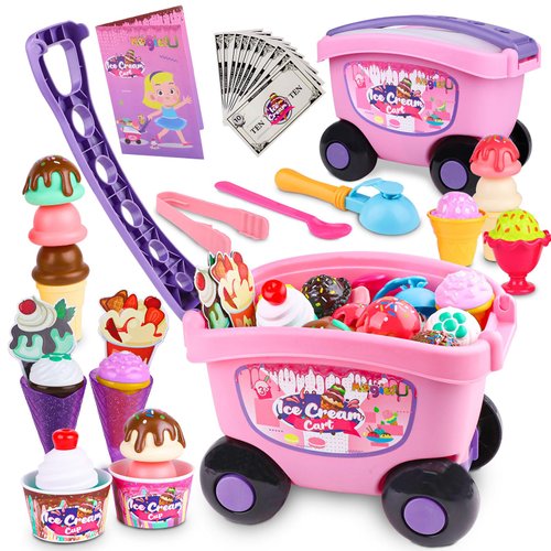 Magic4U Ice Cream Cart Toys for Kids, 48 Piece Ice Cream Shop Pretend Play Set with Scooper, Toppings and Other Scoop and Serve Toys for 3 4 5 6 Years Old Girls Gifts