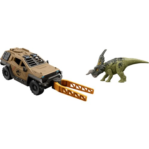Mattel Jurassic World Truck & Einiosaurus Dinosaur Action Figure Toy Set with Flip & Roll Feature, Mission Mayhem Vehicle