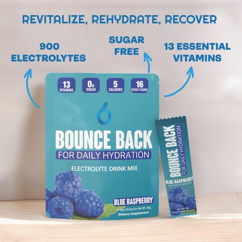 Bounce Back Energy and Recovery Drink Powder - 13 Essential Vitamins, Zero Sugar Electrolyte Packets - 5 Calories, Organic - Keto Friendly | 0 Net Carbs (16 Pack, Blue Raspberry)