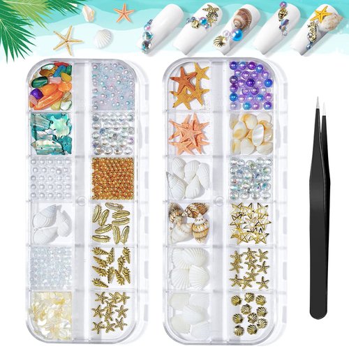 2 Boxes Summer Beach Nail Art Rhinestones Accessories Ocean Theme Shell Starfish Conch Nail Studs Sea Series Nail Art Rivets Charms Supplies for Nail Art Designs DIY Manicure Decoration（1-2）