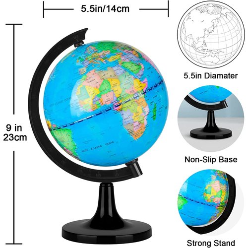 Wizdar 5.5" World Globe for Kids Learning, Educational Rotating World Map Globes Mini Size Decorative Earth Children Globe for Classroom Geography Teaching, Desk and Office Decoration-5.5 inch