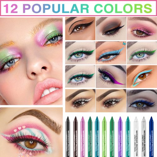 12 Colors Colorful Eyeliner Pencils Set Glitter Colored Eyeliner Pen Kit Metallic Pearl Green Purple White Blue Matte Eye Shadow Pencil Long Lasting Waterproof Professional Eye Makeup Pen Set (12Pcs)