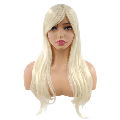PORT&LOTUS Natual Blonde Wig Long Curly Cosplay Wig With Bangs (Side Part) Wigs for Women Synthetic Body Wave Wigs for White Women with Wig Cap Custume Party Wigs for Black Women 26 inch
