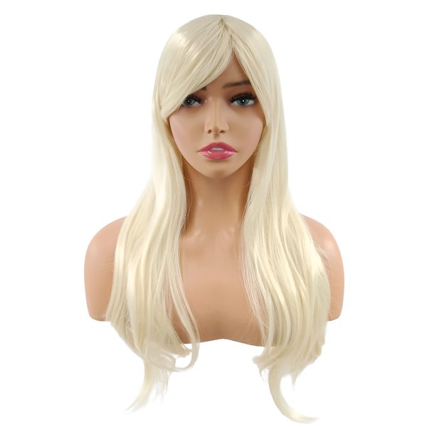 PORT&LOTUS Natual Blonde Wig Long Curly Cosplay Wig With Bangs (Side Part) Wigs for Women Synthetic Body Wave Wigs for White Women with Wig Cap Custume Party Wigs for Black Women 26 inch