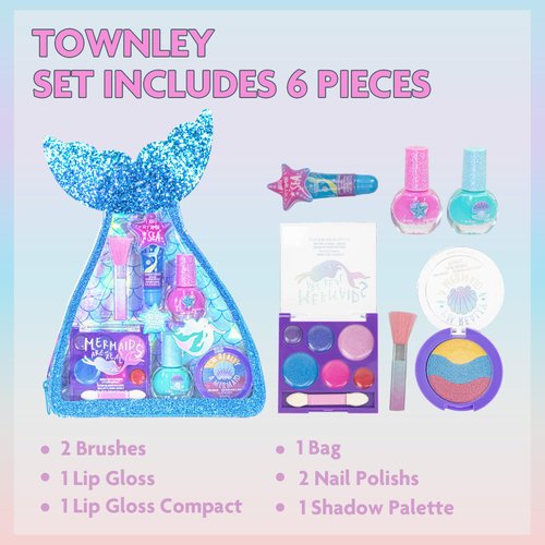 Townley Girl Mermaid Vibes Makeup Set with 8 Pieces, Including Lip Gloss, Nail Polish, Body Shimmer and More in Mermaid Bag, Ages 3+ for Parties, Sleepovers and Makeovers