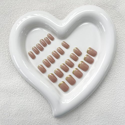 AZPEPSI French Tip Press on Nails Short Square Fake Nails Gold Glue On Nails Nude False Nails with Design Glossy Acrylic Nails Press Ons Reusable Oval Nails for Women Girls Manicure 24pcs