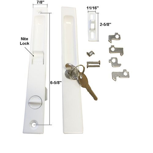 TechnologyLK Sliding Glass Door Handle Set, Keyed, Flush Mount, with Nite-Lock and Five Hook Assortment, White, 6-5/8" Screw Holes