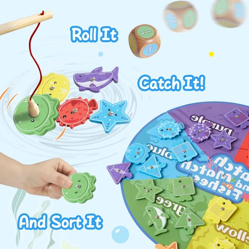 Wooden Montessori Fishing Game for Toddlers, Fine Motor Skill Toy for Kids, Color Sorting Shape Recognition Preschool Educational Magnetic Toys for Boys Girls Age 3+