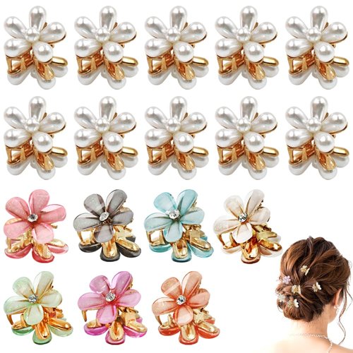 17 pcs lyfLux Hair Accessories: Mini Pearl Flower Clips and Hair Clips for Girls, Women's Hair Decoration (8 colors)