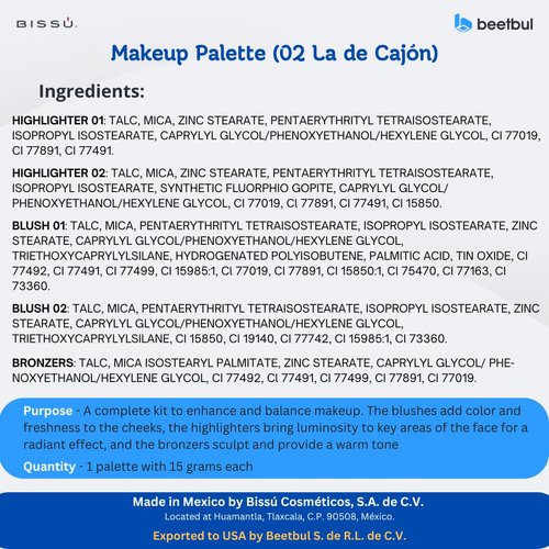 Bissú 6 colors Makeup Palette (4grms each color) includes 2 highlighters, 2 Bronzers, 2 Blushes (La de Cajón)