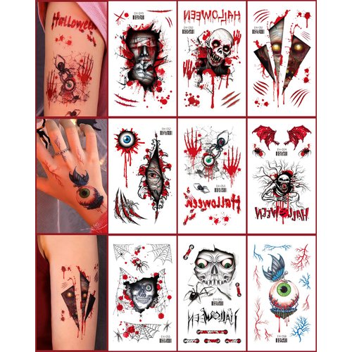Halloween Temporary Tattoos for Kids, Eyes Spider Skull Pumpkin Ghost, Halloween Fake Tattoos, Body Stickers Decorations, Party Favors Gifts