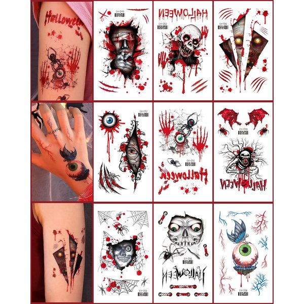 Halloween Temporary Tattoos for Kids, Eyes Spider Skull Pumpkin Ghost, Halloween Fake Tattoos, Body Stickers Decorations, Party Favors Gifts