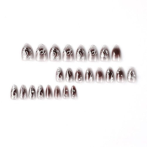 IMSOHOT Almond Press on Nails Medium Glossy Stiletto Fake Nails Diamond Glue on Nails Black Ombre False Nails with Designs Full Cover Clear Acrylic Nails for Women