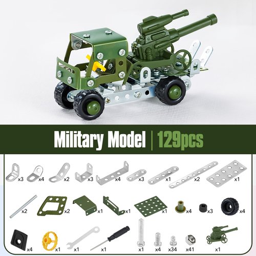 Military Truck STEM Building Toy Set for Boys Age 8-12 - Metal Army Toys Model Car Kits Set - Engineering STEM Kits or Kids 6-8, 8-10 Stem Projects Vehicles 129pcs