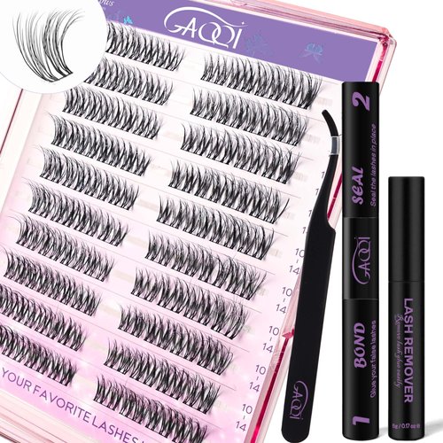 GAQQI Lash Clusters Kit, DIY Lash Extensions Kit 10-14mm Cat Eye Cluster Lashes, Wispy Natural Eyelash Clusters with Lash Bond and Seal+Tweezer+Remover+80pcs Thin Band Individual Lashes (3D-GQ46-KIT)