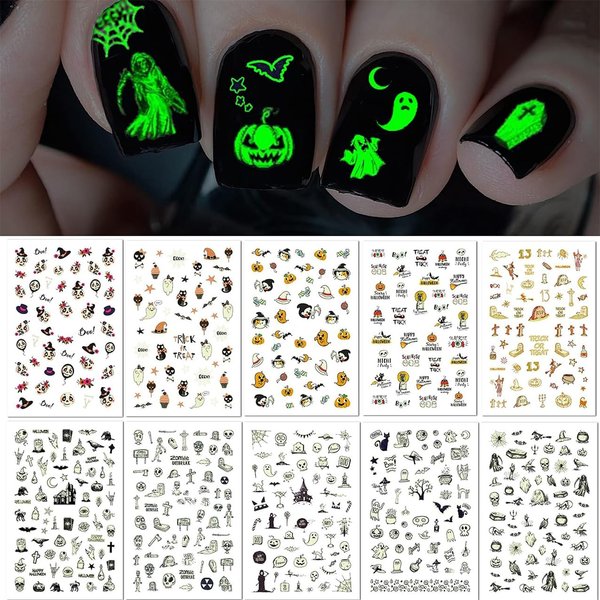 TailaiMei 10 Sheets Glow in The Dark Halloween Nail Stickers, Fluorescent Design Kids Nail Decals, Self-Adhesive DIY Nail Art Tips for Women Manicure