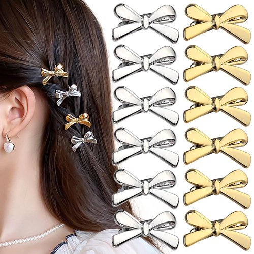 12Pcs Bow Small Hair Clips for Women and Girls, Cute Sweet Gold Hairclip Mini Sliver Hairpin Duckbill Hair Barrettes, Bowknot Alligator Hair Clips Hair Accessories for Birthday Wedding Party Daily
