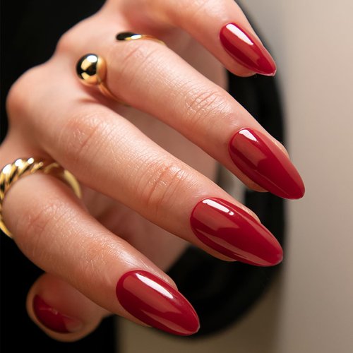 24Pcs Red Press on Nails Short Almond Fake Nails Full Cover Glossy Acrylic Nails Solid Color Acrylic Nails Stick on Nails Artificial Nails for Women and Girls Jelly Press on Nails DIY Manicure