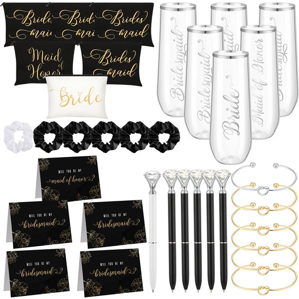 HyDren 35 Pcs Bridesmaid Proposal Gifts Bridal Shower Gifts Include Champagne Flutes Makeup Bags Invited Cards Hair Scrunchies Bracelets Diamond Pens Made of Honor Gift (Black,Stylish Style)