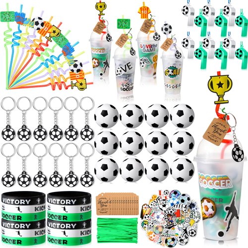 Weysat 184 Pcs Soccer Party Favors, Soccer Party Supplies with Cup Straw Stress Ball Keychain Sticker Bracelet Whistle Thank You Tags for Soccer Birthday Decorations (Soccer)