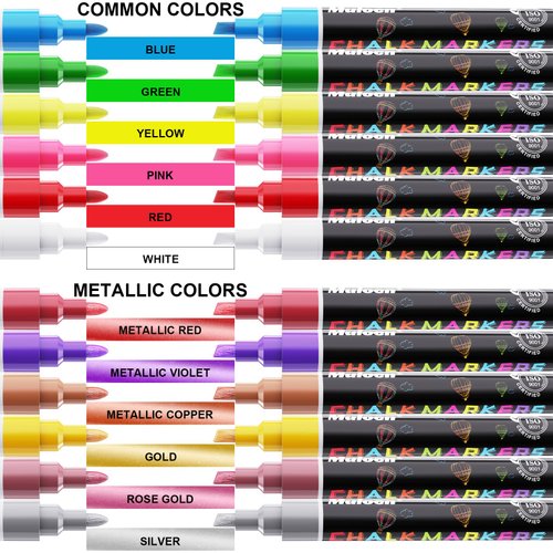 Chalk Markers - 12 Colors Erasable Liquid Chalk Markers, Includes 6 Metallic Colors, Chalk Marker for Chalkboards, Signs, Glass, Metal and Other Nonporous Surfaces - 6 mm Reversible Tip
