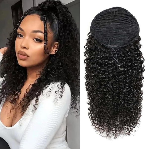 Kinky Curly Ponytail Drawstring Ponytail Human Hair Ponytail Extension Human Hair Drawstring Ponytail 10A Brazilian Virgin Human Hair Clip in Extensions Ponytail for Women Natural Black 14 Inch