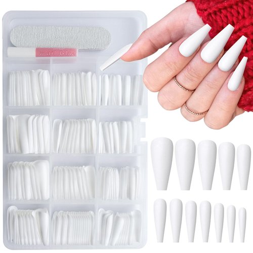 AddFavor 240pcs Coffin Press on Nails Long White Full Cover Fake Nails Matte Ballerina False Nail...