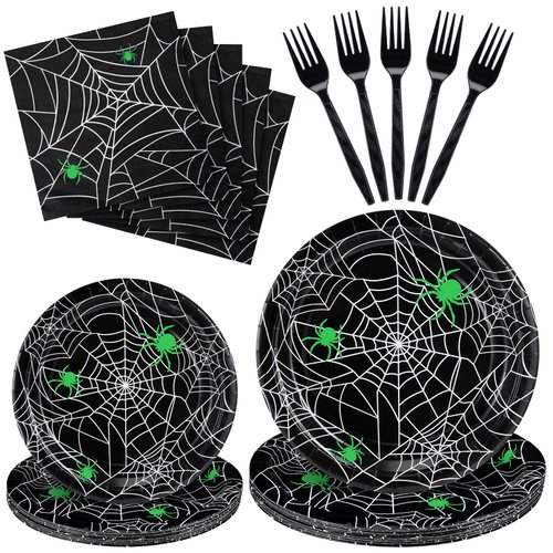 Soaoo 120 Pcs Halloween Party Supply Spider Web Tableware Set Include Dessert Plates Luncheon Napkins Plastic Forks, Disposable Halloween Dinnerware Halloween Paper Plates for Party (Green)
