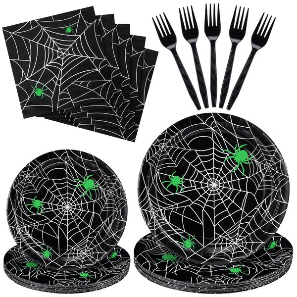 Soaoo 120 Pcs Halloween Party Supply Spider Web Tableware Set Include Dessert Plates Luncheon Napkins Plastic Forks, Disposable Halloween Dinnerware Halloween Paper Plates for Party (Green)