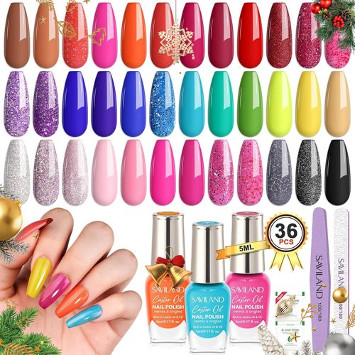 SAVILAND Nail Polish Set Fingernail Air-Dry: 36pcs Rainbow Colors Nail Polish Kit Glitter Regular Toenail Nail Polish with Base Top Polish Coat Nail Lacquer Acrylic Nail Set for Beginner Home DIY
