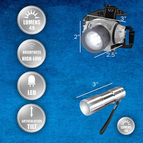 Stalwart - 75-SP139 LED Headlamp, Adjustable Headband and Flashlight Set, Battery Operated 48 Lumen LED Bulbs, for Camping, Running, Hiking, and Emergency by