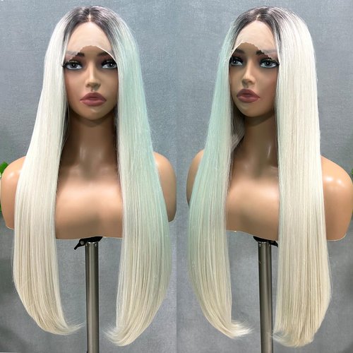 SOKU White Grey Lace Front Wigs with Black Roots 32 Inch Long Straight Ombre Grey Lace Frontal Wigs Pre Plucked Middle Part HD Transparent Lace Silky Straight Synthetic Wigs for Women Girls