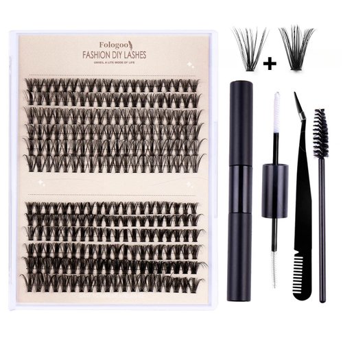Fologoo False Eyelash Set - 30D+40D, 240 Eyelash Curler with Glue and Tweezers, Natural Volume. (Black Accessories)